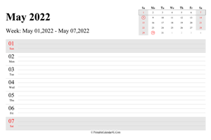 may 2022 weekly calendar with us holidays landscape layout