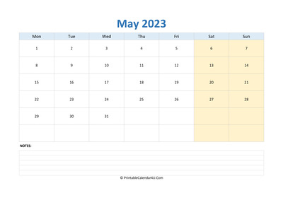 may 2023 calendar editable with notes horizontal layout