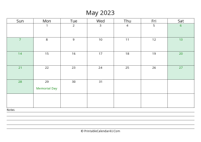 may 2023 calendar with us holidays and notes landscape layout