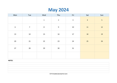 may 2024 calendar editable with notes horizontal layout