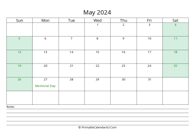 may 2024 calendar with us holidays and notes landscape layout