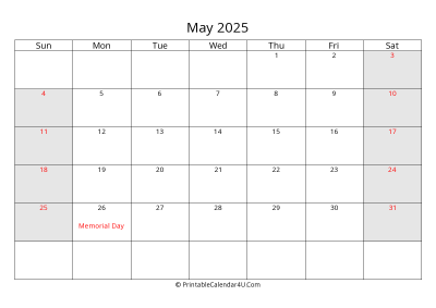 may 2025 calendar with us holidays highlighted landscape layout