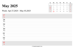 may 2025 weekly calendar with us holidays landscape layout