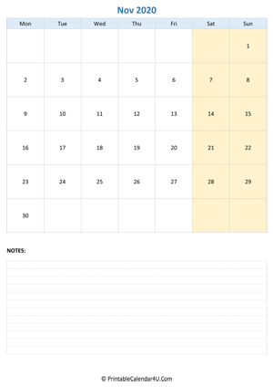 november 2020 calendar editable with notes vertical layout
