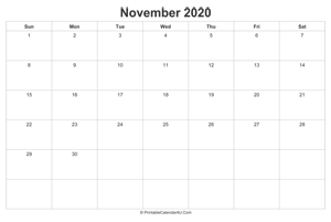 november 2020 calendar printable landscape layout