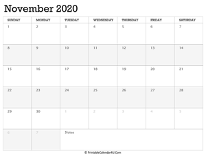 november 2020 calendar printable week starts on sunday
