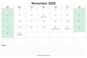 november 2020 calendar with us holidays and notes landscape layout