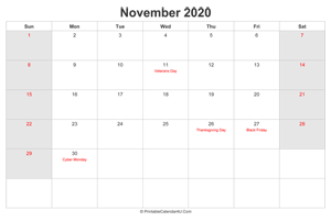 november 2020 calendar with us holidays highlighted landscape layout
