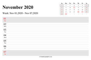 november 2020 weekly calendar with us holidays landscape layout