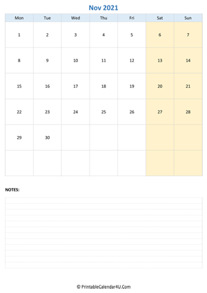 november 2021 calendar editable with notes vertical layout