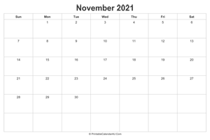 november 2021 calendar printable landscape layout