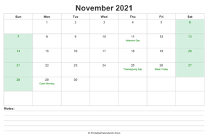 november 2021 calendar with us holidays and notes landscape layout