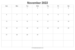 november 2022 calendar printable landscape layout