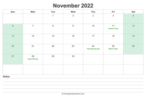 november 2022 calendar with us holidays and notes landscape layout