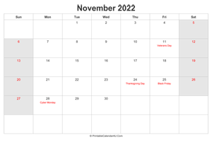 november 2022 calendar with us holidays highlighted landscape layout