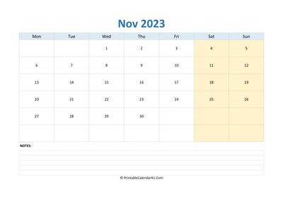 november 2023 calendar editable with notes horizontal layout