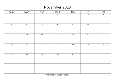 november 2023 calendar printable landscape layout