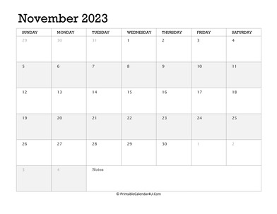 november 2023 calendar printable week starts on sunday
