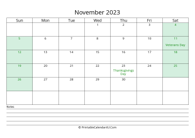 november 2023 calendar with us holidays and notes landscape layout