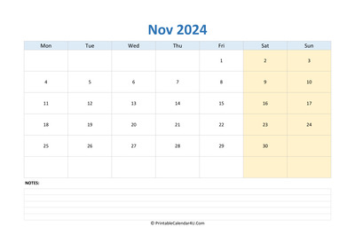 november 2024 calendar editable with notes horizontal layout