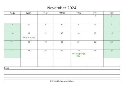 november 2024 calendar with us holidays and notes landscape layout