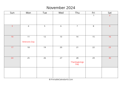 november 2024 calendar with us holidays highlighted landscape layout
