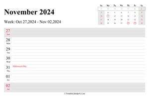 november 2024 weekly calendar with us holidays landscape layout