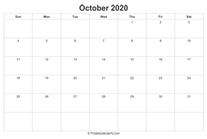 october 2020 calendar printable landscape layout
