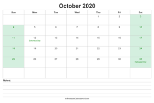 october 2020 calendar with us holidays and notes landscape layout