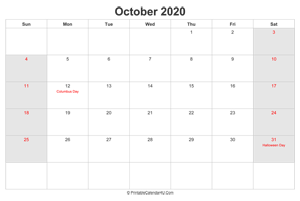 october 2020 calendar with us holidays highlighted landscape layout