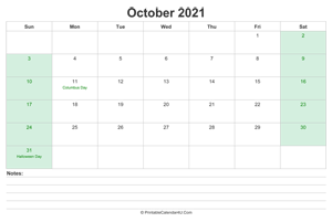 october 2021 calendar with us holidays and notes landscape layout