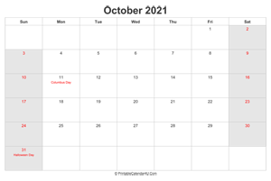 october 2021 calendar with us holidays highlighted landscape layout