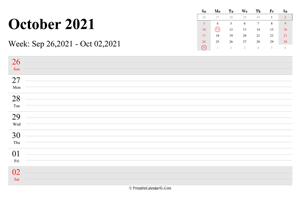 october 2021 weekly calendar with us holidays landscape layout