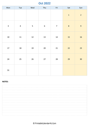 october 2022 calendar editable notes vertical layout