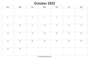 october 2022 calendar printable landscape layout