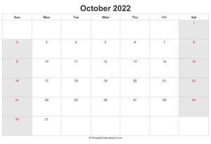 october 2022 calendar with uk bank holidays highlighted landscape layout