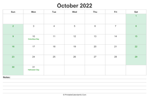 october 2022 calendar with us holidays and notes landscape layout