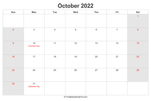 october 2022 calendar with us holidays highlighted landscape layout