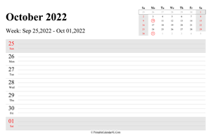 october 2022 weekly calendar with us holidays landscape layout