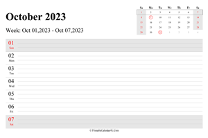 october 2023 weekly calendar with us holidays landscape layout