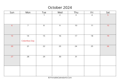 october 2024 calendar with us holidays highlighted landscape layout