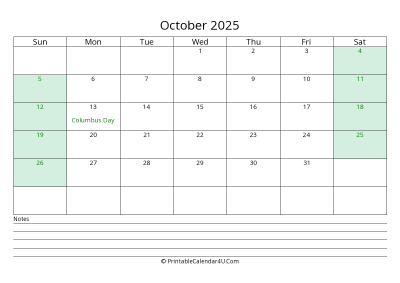 october 2025 calendar with us holidays and notes landscape layout