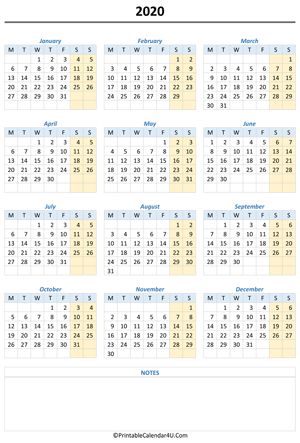 printable 2020 calendar with notes