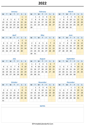 printable 2022 calendar with notes