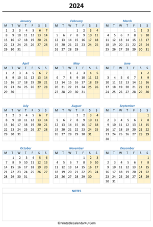 printable 2024 calendar with notes