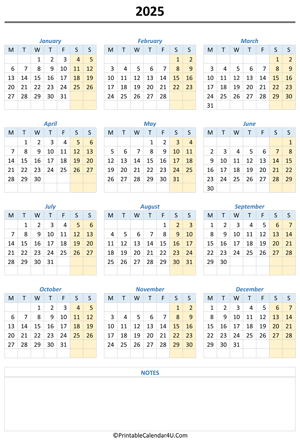 printable 2025 calendar with notes