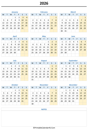 printable 2026 calendar with notes
