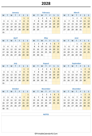 printable 2028 calendar with notes