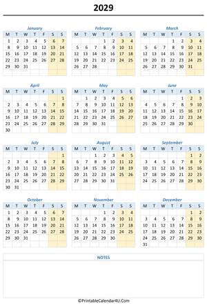 printable 2029 calendar with notes