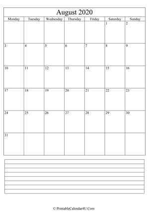 printable august calendar 2020 with notes (portrait layout)